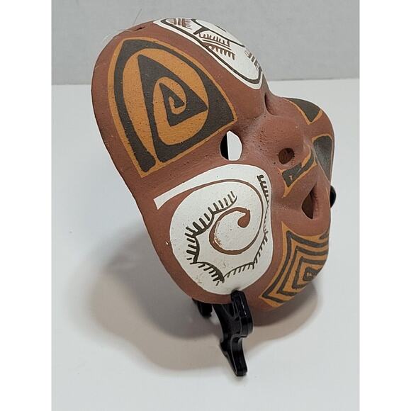 South America Latin Aztec Style Geometric Artisan Small Clay Mask White Black - Picture 2 of 6